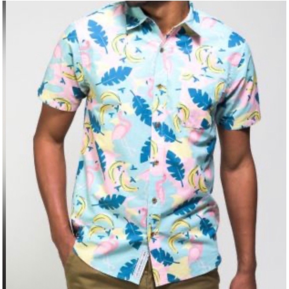 Party Pants Button Down Shirt Mens XL Teal Pink Flamingo Banana Summer Excellent